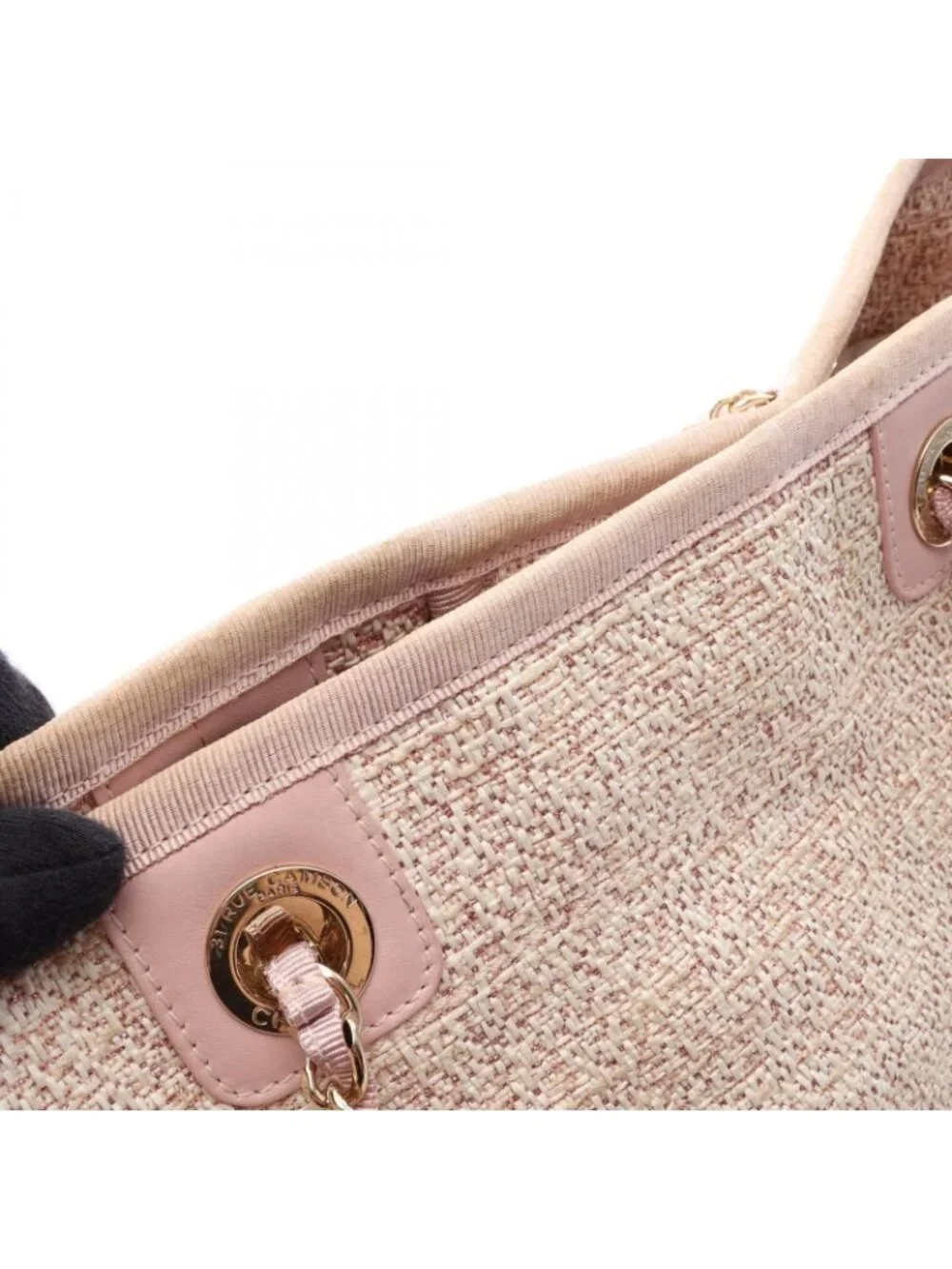 Chanel Tote Bag Deauville Pink Fabric Leather Chain MM